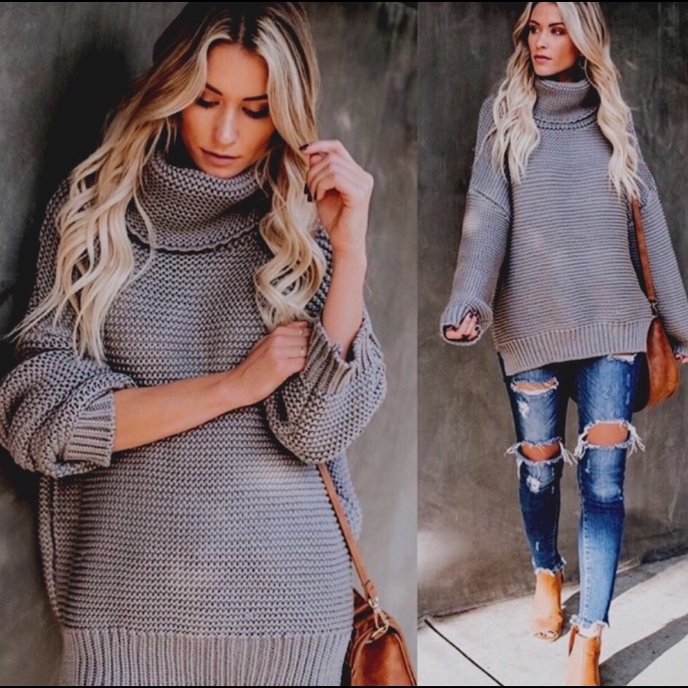 Chunky Knit Turtleneck Sweater Gray - Picture 2 of 7